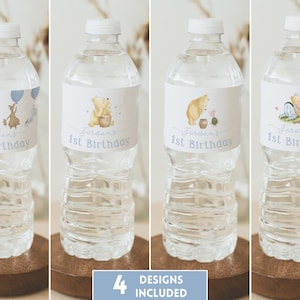 Winnie the Pooh Custom Water Bottle Labels. Classic Pooh Boy 1st Birthday Personalised Water Bottle Printable Template Water Label Design B4