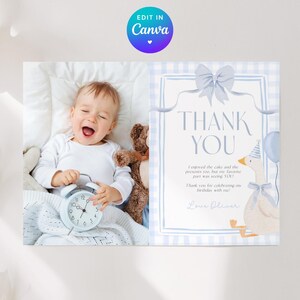 One Silly Goose Thank You Note Card. Editable Silly Little Goose Card With Photo Boy 1st Birthday Blue Bow Gingham First Party Coquette G9