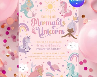 Mermaid and Unicorn Birthday Invitation - Instant Download - Cute Girl Pink & Purple Invite - Magical Celebration - Sibling Joint Party Z3