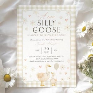 Gender Neutral Gingham Goose Baby Shower Invite. Silly Goose On The Loose Invitation. Editable Boy OR Girl Floral Mother Geese Template. G4