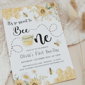 Bee 1st Birthday Invitations. First Bee Day Invites. Honey Bee Themed Birthday Text Invite. Printable Party Evite. Sweet One Birthday. B5