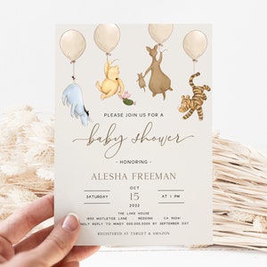 Inviti per baby shower Winnie the Pooh. Invito classico orso Pooh neutro. Modello stampabile orso Pooh beige vintage via posta. N1