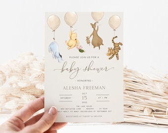 Winnie the Pooh Baby Shower Invites. Classic Pooh Bear Gender Neutral Invitation. Beige Vintage Pooh Bear Printable Template by Mail. N1