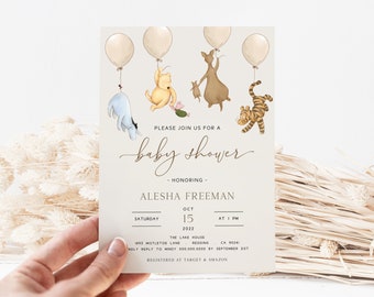 Winnie the Pooh Baby Shower Invites. Classic Pooh Bear Gender Neutral Invitation. Beige Vintage Pooh Bear Printable Template by Mail. N1