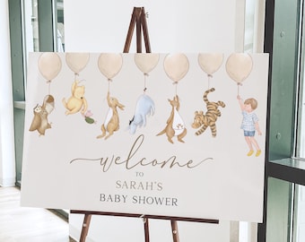 Panneau de bienvenue Winnie l'ourson pour baby shower. Signalétique numérique pour fête prénatale fille/garçon. Modèle aquarelle instantané classique Winnie l'ourson. Genre neutre N1