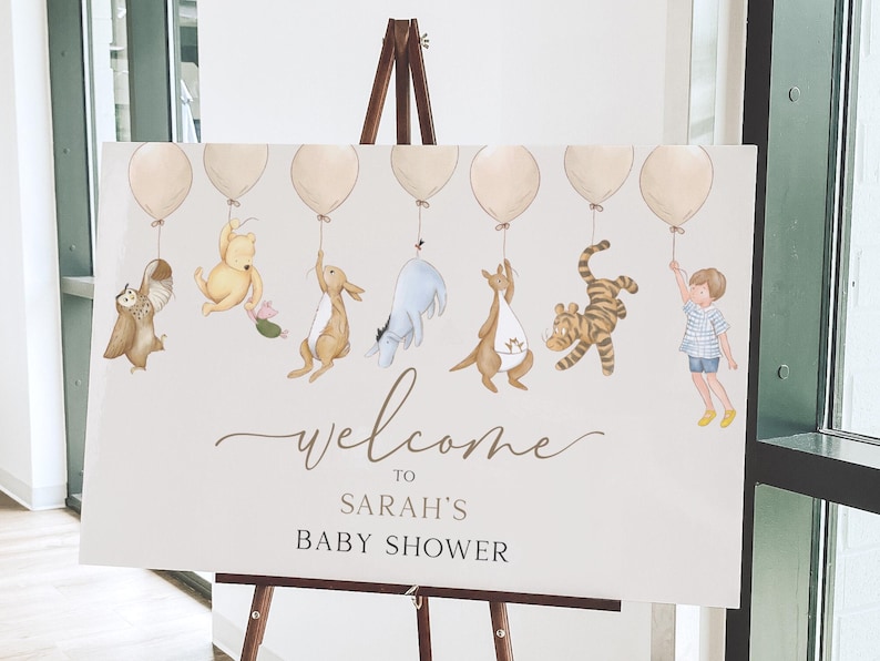 Panneau de bienvenue Winnie l'ourson pour baby shower. Signalétique numérique pour fête prénatale fille/garçon. Modèle aquarelle instantané classique Winnie l'ourson. Genre neutre N1 image 1
