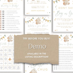 Op de afbeelding: Een set met printbare babyshower-spellen met een schattige olifant-illustratie. De spellen omvatten "Wie zei het?", "Vind de gast", "Wat zit er in je telefoon?", "Zeg niet jongen of meisje" en "Meer of minder?"