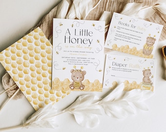 Honey Bee Baby Shower Invites. A Little Honey is on the Way Invitation Bundle. Bumble Bee Diaper Raffle Card. Gender Neutral Baby Shower. J1