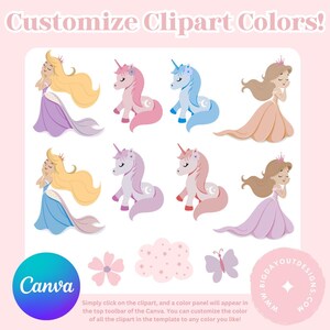 May include: A collection of cartoon clipart elements, including princesses, unicorns, a flower, a cloud, and a butterfly, in various pastel colors. The text "Customize Clipart Colors!" is at the top. The Canva logo is at the bottom left. Text below says, "Simply click on the clipart, and a color panel will appear in the top toolbar of the Canva."