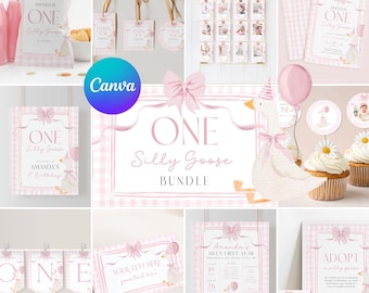 One Silly Goose Birthday Bundle Editable Pink Bow Goose Party Set Girls Coquette Gingham Decor Printable 1 Year Old Birthday Baby Package G7