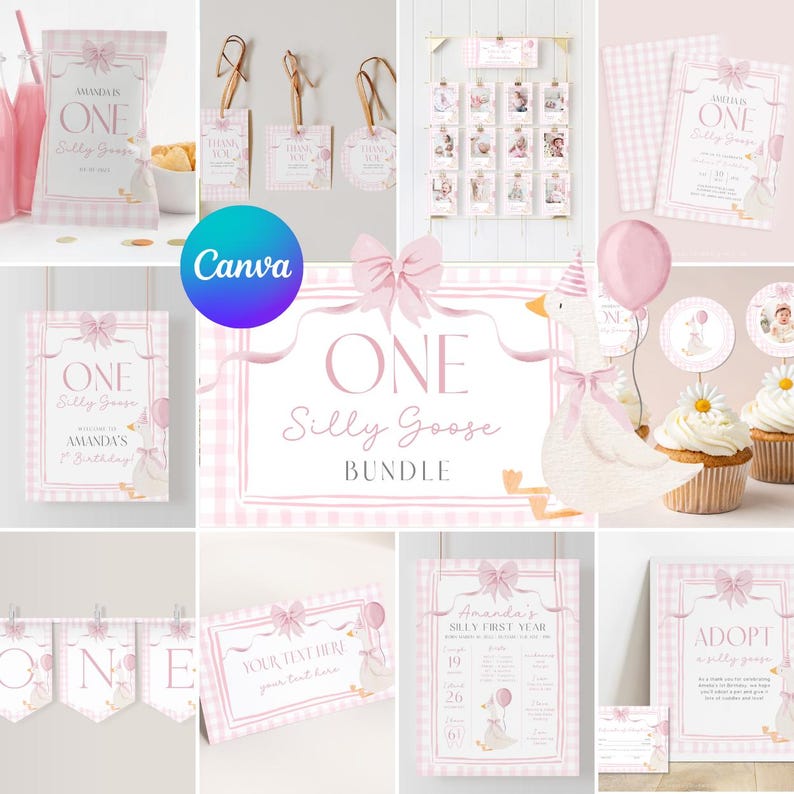 One Silly Goose Birthday Bundle Editable Pink Bow Goose Party Set Girls Coquette Gingham Decor Printable 1 Year Old Birthday Baby Package