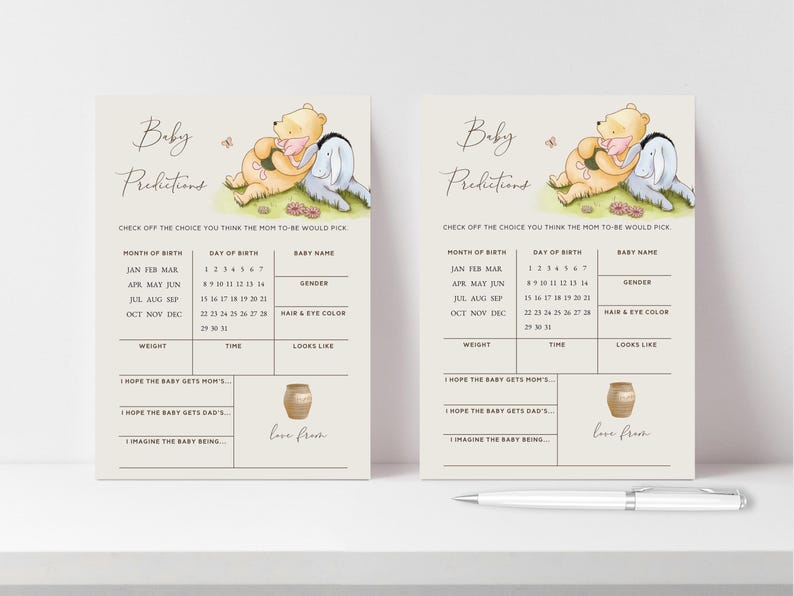 wishes for baby game
winnie the pooh game
game baby shower
pooh printables
classic pooh print
parental advice game
vintage pooh shower
pooh baby shower
editable template
predictions games
baby prediction game
predictions card
couples baby shower