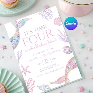 May include: A rectangular birthday invitation card featuring a white background with watercolor illustrations of mermaid tails, seashells, starfish, and coral in pastel pink, purple, and blue. The text reads IT'S TIME FOUR a shellabration!