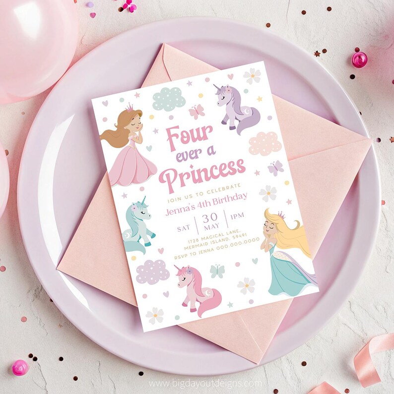 Forever a Princess & Unicorn 4th Birthday Invitation