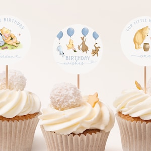 Winnie the Pooh Custom Cupcake Toppers. Personalized 1st Birthday Boy Toppers Pooh First Birthday Decoration. One Year Printable Template B4