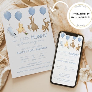 May include: A Winnie the Pooh themed first birthday invitation with blue balloons and a cute illustration of Winnie the Pooh and his friends. The invitation includes the text "our little HUNNY is turning one" and details for the party, including the date, time, and location. The invitation also includes a note that a physical invitation will be mailed.