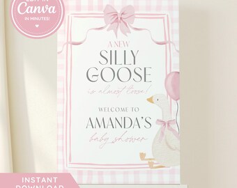 Letrero de bienvenida para baby shower de Silly Goose Plantilla editable de Canva Decoración de fiesta de cuadros rosas Letrero imprimible Descarga instantánea Un nuevo Silly Goose O2