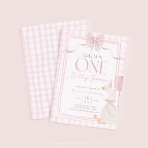 One Silly Goose Birthday Bundle Editable Pink Bow Goose Party Set Girls Coquette Gingham Decor Printable 1 Year Old Birthday Baby Package G7
