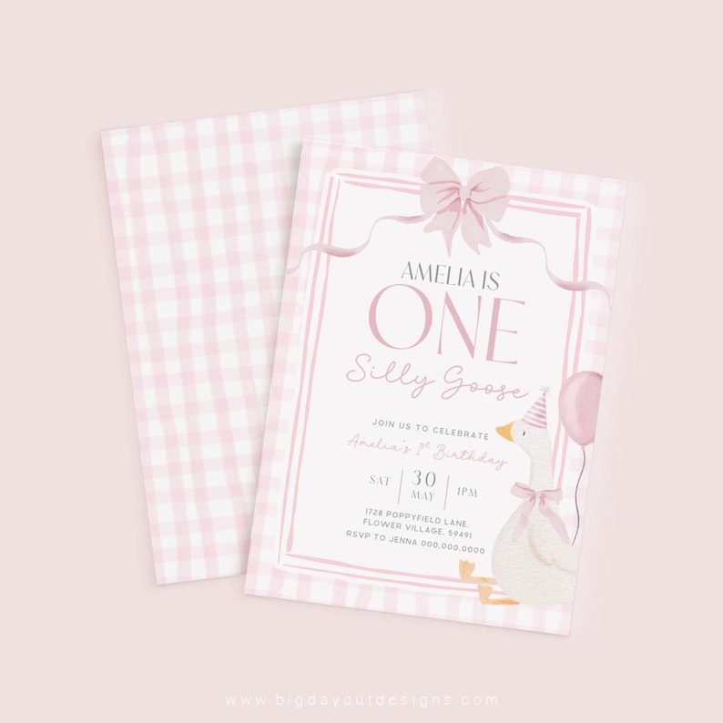 One Silly Goose Birthday Bundle Editable Pink Bow Goose Party Set Girls Coquette Gingham Decor Printable 1 Year Old Birthday Baby Package G7