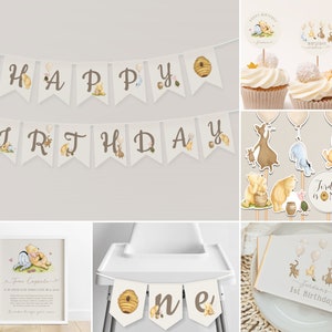 May include: Winnie the Pooh themed first birthday party decorations. The decorations include a banner that says "Happy Birthday", cupcake toppers, a high chair banner that says "One", and a chocolate bar wrapper that says "Jordan's 1st Birthday".