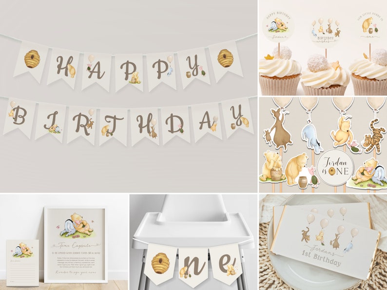 May include: Winnie the Pooh themed first birthday party decorations. The decorations include a banner that says "Happy Birthday", cupcake toppers, a high chair banner that says "One", and a chocolate bar wrapper that says "Jordan's 1st Birthday".