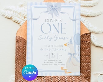 One Silly Goose Invitation Card Boy. Editable Little Goose Invite Blue Gingham 1st Birthday Coquette Bow Party DIY Canva Digital Download G9