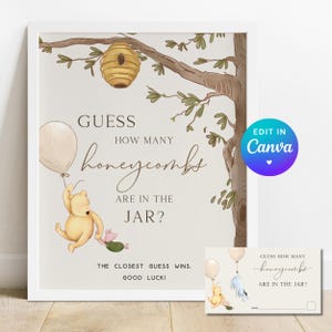 Editable Pooh Guess How Many Honeycombs Game. Neutral Baby Shower 1st Birthday Candy Party Signs. Boy Girl Printable Digital Download. N1 B2