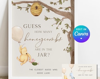 Editable Pooh Guess How Many Honeycombs Game. Neutral Baby Shower 1st Birthday Candy Party Signs. Boy Girl Printable Digital Download. N1 B2