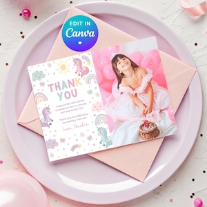 Unicorn Thank You Note. Pastel Rainbow Party Note Card with Picture. Instant Download. Cute Girl Magical Birthday Editable Canva Template Z4