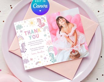 Unicorn Thank You Note. Pastel Rainbow Party Note Card with Picture. Instant Download. Cute Girl Magical Birthday Editable Canva Template Z4
