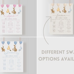May include: A printable first year milestone chart featuring Winnie the Pooh characters. The chart is decorated with balloons and has a pink, blue, or neutral color scheme. It includes sections for milestones like first tooth, first word, and favorite foods.