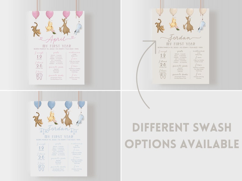 May include: A printable first year milestone chart featuring Winnie the Pooh characters. The chart is decorated with balloons and has a pink, blue, or neutral color scheme. It includes sections for milestones like first tooth, first word, and favorite foods.