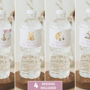 Classic Winnie the Pooh Personalized Water Bottle Labels. Girl 1st Birthday Custom Water Bottle. Printable Template Water Label Design. B3