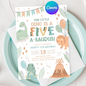 Dinosaur Birthday Invitation Five. Baby Dino 5th Party Invite. Printable Pastel Green Boy Modern Digital Kids 5 A-saurus Birthday Theme. D2