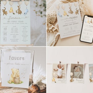 May include: A Winnie the Pooh themed first birthday party invitation suite with a watercolor illustration of Winnie the Pooh, Tigger, Piglet, and Eeyore. The invitation includes the text "Our little Hunny is turning one" and "Join us to celebrate Jordan's First Birthday". The invitation is printed on white cardstock with a light brown border. The invitation is accompanied by a matching favor tag with a watercolor illustration of Winnie the Pooh and a honey pot. The favor tag includes the text "Favors please take one".