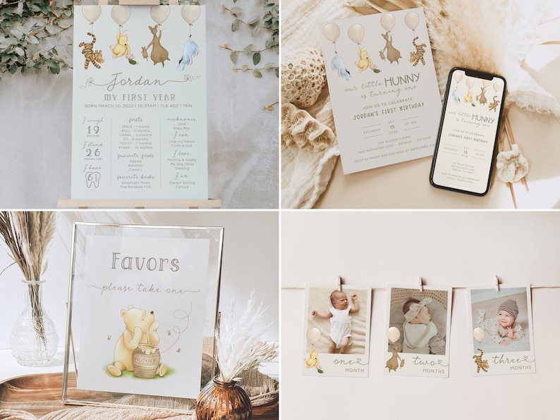 May include: A Winnie the Pooh themed first birthday party invitation suite with a watercolor illustration of Winnie the Pooh, Tigger, Piglet, and Eeyore. The invitation includes the text "Our little Hunny is turning one" and "Join us to celebrate Jordan's First Birthday". The invitation is printed on white cardstock with a light brown border. The invitation is accompanied by a matching favor tag with a watercolor illustration of Winnie the Pooh and a honey pot. The favor tag includes the text "Favors please take one".