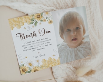 Customizable First Bee Day Birthday Thank You Card. Girl Boy 1st Birthday Greeting Note. Editable Digital Template Bumble Honeycomb Party B5