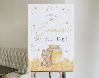 Editable Bee 5th Birthday Decor Custom Welcome Sign. Baby Bear Party Honey Bee Day Decoration Instant Download Digital Printable Template J5