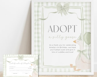 Adopt a Goose Sign Editable Adoption Certificate One Silly Goose Party Favor Printable 1st Birthday Decor Gingham Coquette Theme Template G8