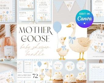 Silly Goose Baby Shower Bundle. Fun Editable Mother Goose Invitation, Games Set, Floral Boy Blue Gingham Party Decor, Printable Templates G2