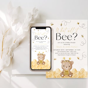 May include: A baby shower invitation with a cute cartoon bear wearing a bee costume. The invitation is decorated with a honeycomb pattern and the text "What will it Bee?" in gold lettering. The invitation is for a baby shower honoring Mison & Josh Parker. The date and time of the shower are listed as Saturday, September 30th at 11am. The address is 28 Oceanside Cres, Lane Cove. RSVP to Josh by August 4th at 0450 143 194. The invitation also states that the couple is registered at Target and Amazon.