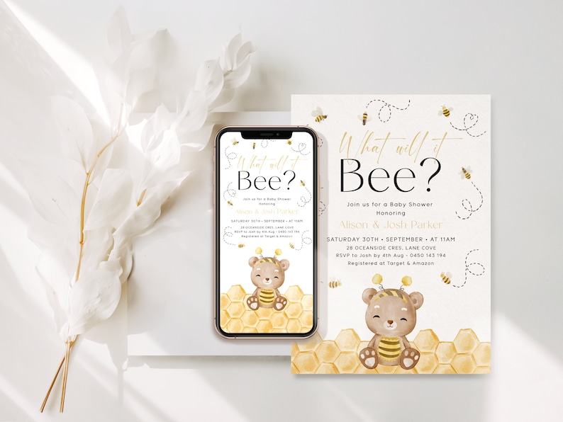 May include: A baby shower invitation with a cute cartoon bear wearing a bee costume. The invitation is decorated with a honeycomb pattern and the text "What will it Bee?" in gold lettering. The invitation is for a baby shower honoring Mison & Josh Parker. The date and time of the shower are listed as Saturday, September 30th at 11am. The address is 28 Oceanside Cres, Lane Cove. RSVP to Josh by August 4th at 0450 143 194. The invitation also states that the couple is registered at Target and Amazon.