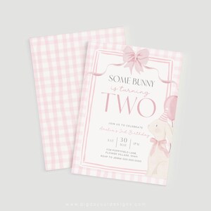 Some Bunny is Turning Two Invites Canva Editable Pink Coquette Invitation Girls 2nd Birthday Gingham Second Party Spring Rabbit Bow Theme