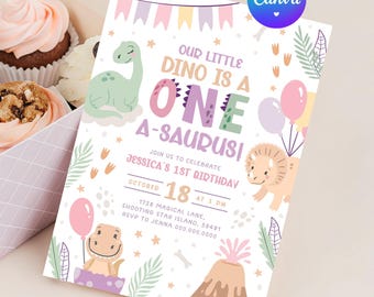 Anniversaire dinosaure, invitez-en un. Invitation d'anniversaire de bébé mignon rose Dino. Thème de la première fête numérique moderne pour enfants Greenery Girl imprimable. D3