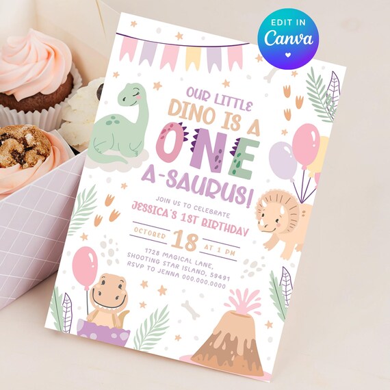 Dinosaur Birthday Invite One. Pink Cute Baby Dino 1st Birthday Invitation. Printable Greenery Girl Modern Digital Kids First Party Theme. D3