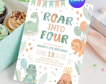 Dinosaur Birthday Invitation Four. Cute Baby Dino 4th Invite. Printable Pastel Greenery Roar Into Four Boy Modern Digital Kids Party D2