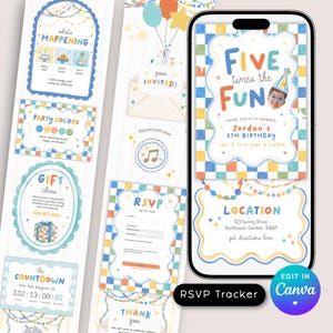 May include: A digital birthday invitation set displayed on a smartphone and vertical panels, featuring a colorful checkered pattern, party graphics, and text including Five times the FUN, Jordan's 5TH BIRTHDAY, RSVP, and location details for 123 Sunny Drive.