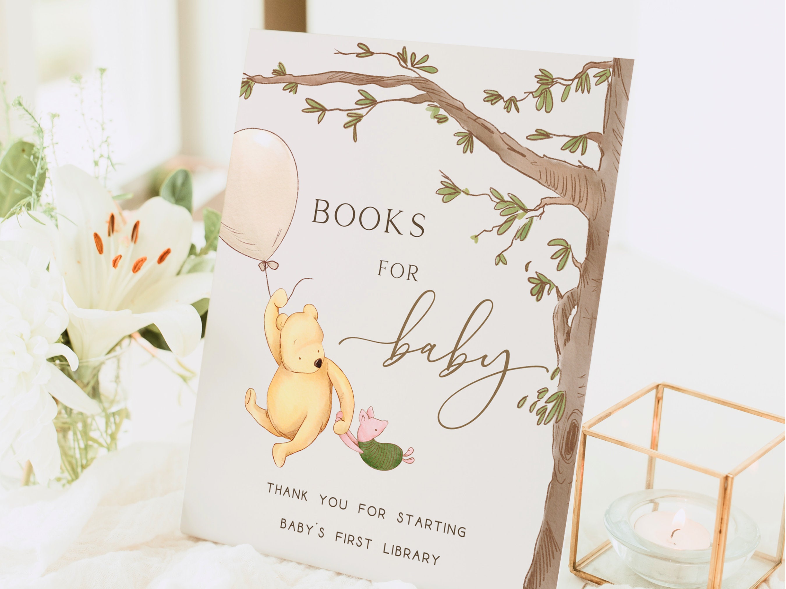 Winnie the Pooh Baby Shower Signs. Books for Baby Sign. Classic Pooh Bear Decorations. Gender Neutral Theme. Piglet & Pooh Balloon Girl. N1