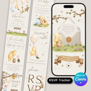 Winnie the Pooh Baby Shower Invitation Website,  Gender Neutral Editable Canva Mobile Invite, Interactive Evite Template, Trackable RSVP N1