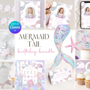 Mermaid Tail Birthday Party Bundle. Pastel Pink Purple Under the Sea Decorations Package Printable Editable Digital Invite Party Supplies Z8